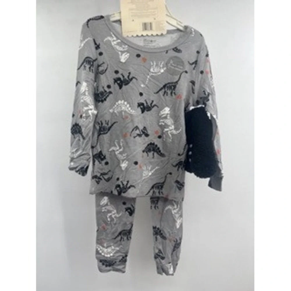 Rabbit Moon NEW Gray Dinosaur Skeleton Bamboo Pajama Set 3pc 24M Sleepwear
